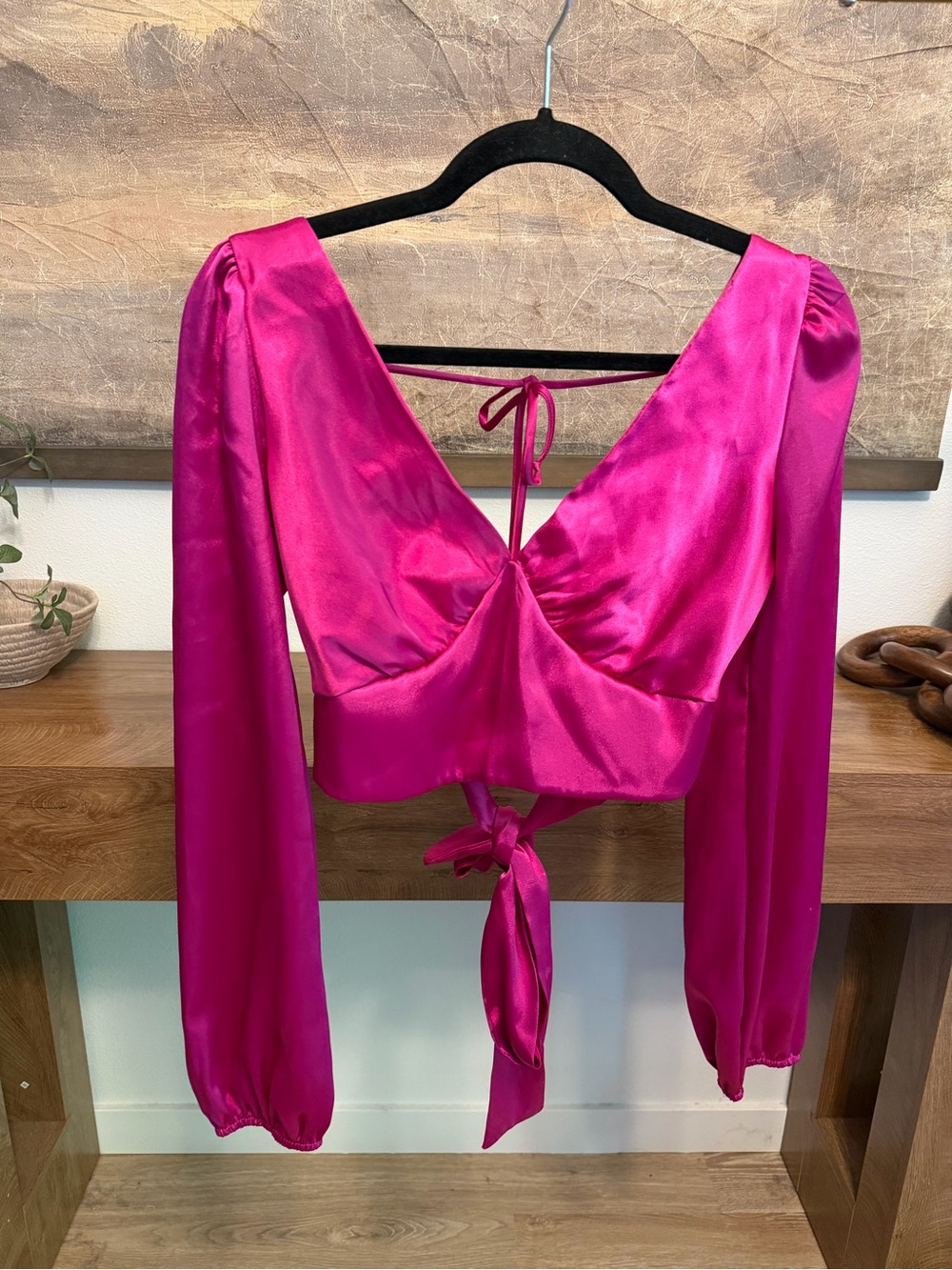 NWT 12th Tribe hot pink satin crop top with tie back detail in size S